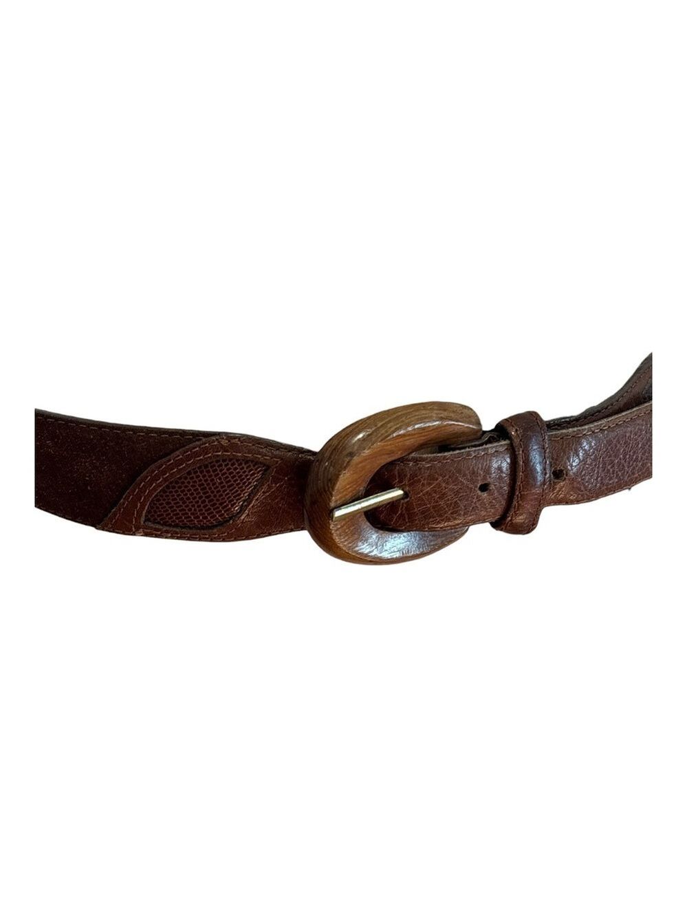 VTG LIZ CLAIBORNE BROWN 1.5" WIDE LEATHER & SUEDE BELT W A WOODEN BUCKLE SZ L - Picture 5 of 10